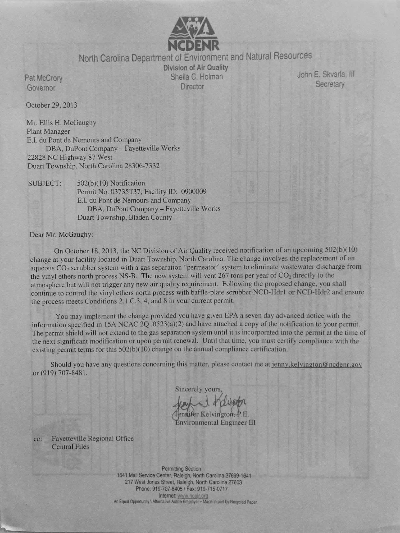 Dupont notification to DEQ page 1